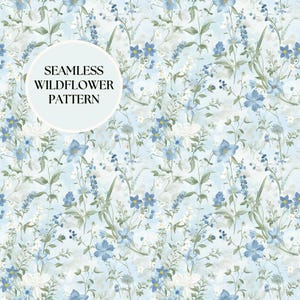 May include: Seamless wildflower pattern featuring blue and white flowers with green foliage on a light blue background. The design includes a variety of floral elements and the text "SEAMLESS WILDFLOWER PATTERN" in a white circle.