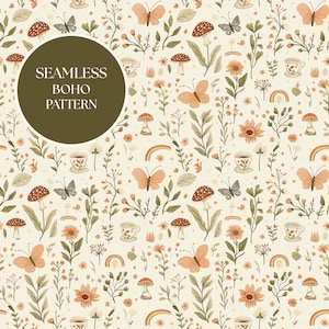 Può includere: Motivo boho senza cuciture con farfalle, funghi, fiori, tazze da tè e arcobaleni nei toni del pesca, marrone e verde su sfondo crema. Il design include il testo "SEAMLESS BOHO PATTERN" in un cerchio marrone.