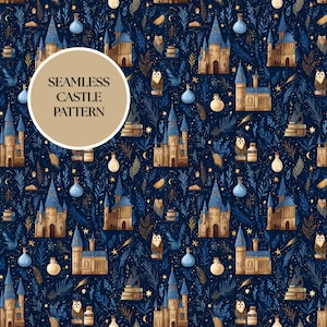 Seamless Digital Pattern for Crafters Featuring Magical Castle Pattern Winter Forest Night Sky Fantasy Christmas Aesthetic Design Background
