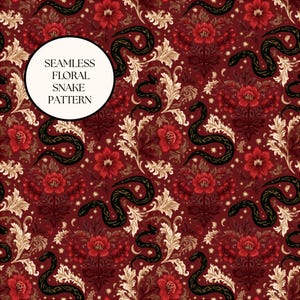 May include: A seamless pattern featuring black snakes intertwined with red flowers and cream-colored acanthus leaves on a deep red background. A white circular overlay contains the black text SEAMLESS FLORAL SNAKE PATTERN in the upper left.