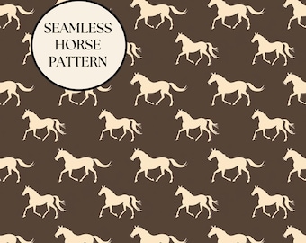 May include: A seamless pattern featuring cream-colored horse silhouettes on a dark brown background. The horses are depicted in a running pose, creating a dynamic and repeating design. The text "SEAMLESS HORSE PATTERN" is in a white circle.