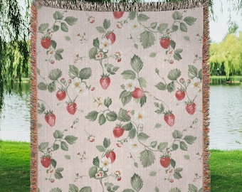 Woven Blanket For Cottagecore Homes Strawberry Floral Throw Cozy Farmhouse Bed Couch Decor Vintage Botanical Gift