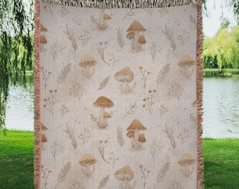 Woven Cotton Mushroom Blanket For Cozy Home Decor Gifts Boho Woodland Fungi Throw With Fringed Edges Cottagecore Rustic Living Room Accent