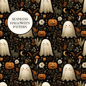 Può includere: Un motivo di Halloween senza cuciture con fantasmi bianchi, zucche arancioni, gatti neri, funghi e fiori bianchi su sfondo nero. Il testo SEAMLESS HALLOWEEN PATTERN è stampato in nero su un cerchio bianco sovrapposto.