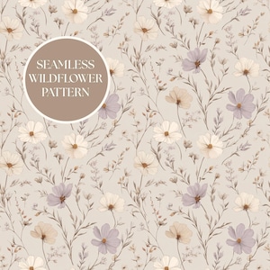 May include: A seamless wildflower pattern with a repeating design of delicate flowers in white, beige, and lavender. The floral elements are set against a light beige background, with the text "SEAMLESS WILDFLOWER PATTERN" in a circular frame.