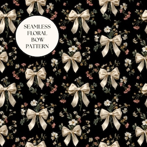 Seamless Floral Bow Pattern For Crafters Dark Cottagecore Wildflower Digital Paper Moody Botanical Fabric Wallpaper Scrapbook Background