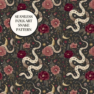 Op de afbeelding: Naadloos folk art slangenpatroon in een donker kleurenpalet. Het ontwerp toont crèmekleurige slangen, bordeauxrode en blushkleurige bloemen, halve manen en sterren. De tekst "SEAMLESS FOLK ART SNAKE PATTERN" staat in een cirkelvormige lijst.