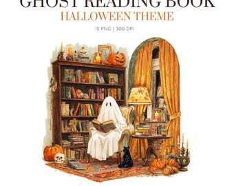 Fantasma retro leyendo libros en la biblioteca, fantasma de bibliotecario de Halloween PNG, fantasma de Halloween, clip art de tema de Halloween, tema divertido de fantasma de Halloween