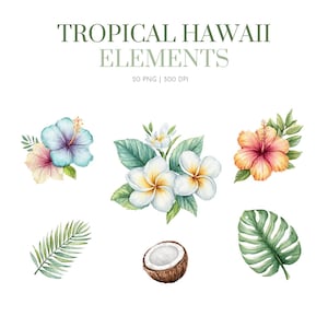 Tropical Hawaii Cliparts, Tropical Hawaiian Clipart, Tropical theme, Watercolor Hawaii Clipart, Watercolor  tropical Elements clip art png