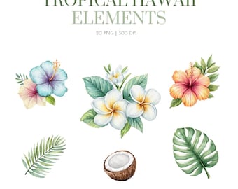 ハワイの花の水彩画のクリップアートバンドル、トロピカルパラダイスの