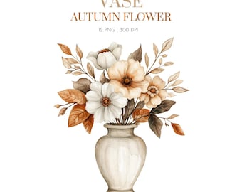 Clipart de flores de outono, vaso de aquarela com flores de outono, ilustrações florais de outono, clipart de outono, buquês de outono, guirlandas de outono, buquês de outono