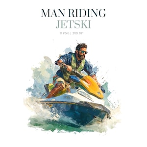 Könnte beinhalten: Aquarellillustration einer Person, die Jetski fährt. Das Jetski ist weiß, gelb und blau, die Person trägt eine Sonnenbrille und eine Schwimmweste. Der Text "MAN RIDING JETSKI" und "11 PNG | 300 DPI" ist enthalten.