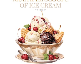 Ice Cream Sundae glass Clipart, Watercolor Ice Cream Sundae PNG, Summer Clipart, Ice Cream scoops, Sundae PNG, Sweet Treats Dessert,Icecream