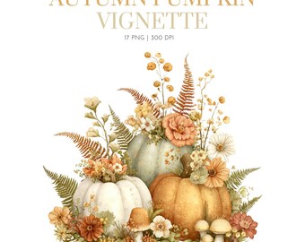Herfst pompoen vignet, herfst thema clipart, herfst decor, aquarel pompoen clipart, herfst aquarel, pompoen met bloemen, pompoenblad