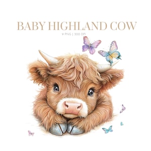 Niedliche Baby Highland Kuh Clipart, Happy Highland Kuh Clipart, Highland Kuh Geburtstag Clipart, Highland Kuh mit Schmetterlingen, Highland Kuh png