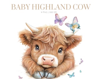Niedliche Baby Highland Kuh Clipart, Happy Highland Kuh Clipart, Highland Kuh Geburtstag Clipart, Highland Kuh mit Schmetterlingen, Highland Kuh png