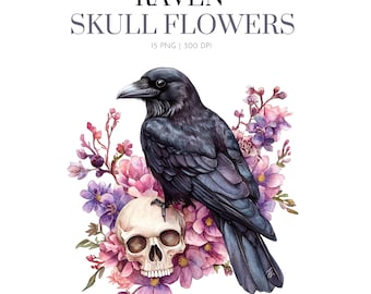 Raven skull floral, Gothic Ravens Watercolor Clipart, Mystic raven, Enigmatic witch bird, Raven bird,Raven floral,Raven skull,gothic clipart