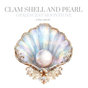 Könnte beinhalten: Eine opaleszierende Muschelschale mit einer großen Perle, auf einem verzierten, goldfarbenen Sockel. Die Schale hat einen perlmuttartigen Glanz mit Andeutungen von Blau und Gold. Der Text oben lautet "CLAM SHELL AND PEARL" und "OPALESCENT MOONSTONE".