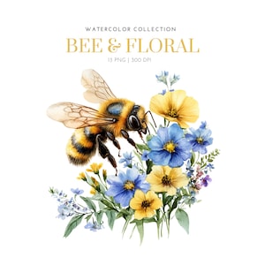 Bees with Flowers Clipart, Floral Bees Clipart, watercolor Bee png, Bee clipart, Animal with floral, Bee clipart png , Floral , Bee Flowers