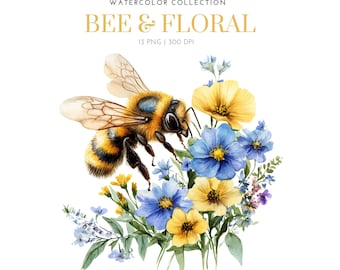 Bees with Flowers Clipart, Floral Bees Clipart, watercolor Bee png, Bee clipart, Animal with floral, Bee clipart png , Floral , Bee Flowers
