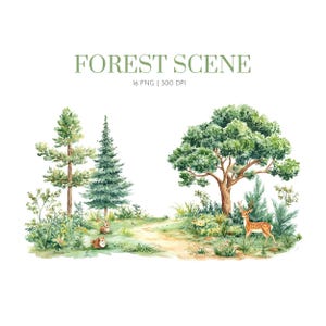 May include: Watercolor illustration of a forest scene with trees, a path, and a deer. The text "FOREST SCENE" is at the top. The image includes two rabbits and various plants. The image is labeled "16 PNG | 300 DPI".
