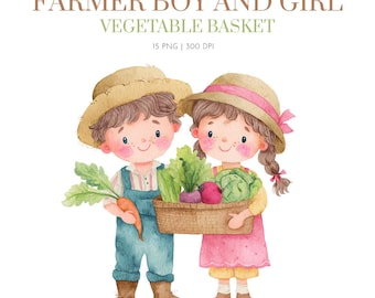 Imágenes prediseñadas de niño y niña granjeros lindos, imágenes prediseñadas de granja dulce de acuarela, imágenes prediseñadas de vegetales, imágenes prediseñadas de pequeño granjero, imágenes prediseñadas de guardería de granja linda