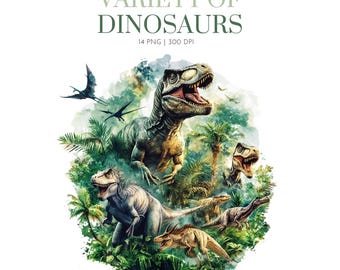 Watercolor Dinosaurs Clipart png, Jurassic Dino Clipart, Prehistoric Illustrations,Dinosaur illustrations, Dino Clipart design, Dinosaur png
