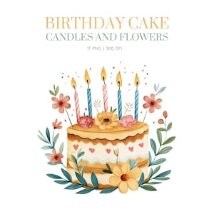 Birthday Cake Clipart, Cake and flower clipart, Watercolor Birthday Cake PNG, Birthday clipart png, Birthday Party Clipart, Birthday cakes