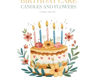 Birthday Cake Clipart, Cake and flower clipart, Watercolor Birthday Cake PNG, Birthday clipart png, Birthday Party Clipart, Birthday cakes