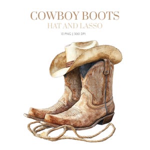 Puede incluir: Ilustración en acuarela de botas de vaquero, un sombrero y un lazo. Las botas son marrones con costuras decorativas. Un sombrero de vaquero marrón claro descansa sobre las botas. El lazo es una cuerda marrón claro. El texto en la parte superior dice "COWBOY BOOTS HAT AND LASSO".