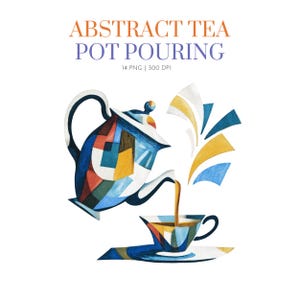 Puede incluir: Ilustración abstracta en acuarela de una tetera vertiendo té en una taza. La tetera, la taza y el platillo presentan diseños geométricos en azul, amarillo, rojo y blanco. El texto "ABSTRACT TEA POT POURING" está en la parte superior.