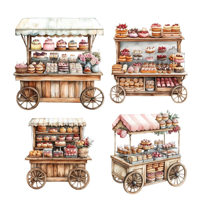 Cake Display Cart Clipart, Sweet Treats Watercolor Clipart, Tasty ...