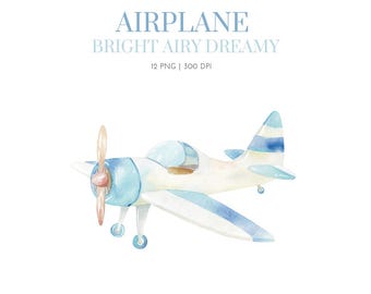 Avión de acuarela, imágenes prediseñadas de acuarela, arte de pared de viaje, decoración de habitación infantil de viaje en avión, decoración de habitación de niños, imágenes prediseñadas para niños, arte infantil