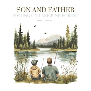Father Son Fishing Lake Clipart, Fishing Painting,Dad Son Fishing Clipart,Lake Landscape, Watercolor Father and Son Fishing, Camping clipart