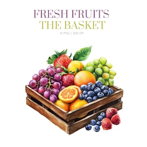 Clipart de corbeilles de fruits, graphiques de corbeille dynamiques, fruits frais, aquarelle de corbeille de fruits, orange, banane, pomme, raisin, clipart de fruits dans la corbeille