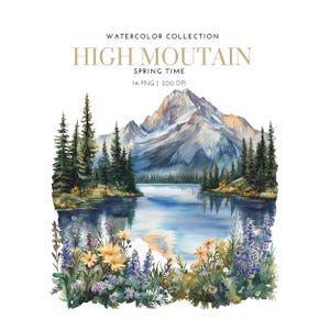 Mountain Spring ,Watercolor Spring Landscape Clipart, Floral Spring Scenes Illustrations, Mountain Scenery Png, Spring Flowers, Spring Theme