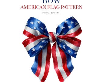 May include: Watercolor illustration of a bow with an American flag pattern. The bow features blue sections with white stars and red and white stripes. The text "BOW AMERICAN FLAG PATTERN" is at the top.