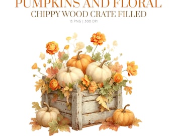 Pumpkins and Floral Chippy wood Watercolor Autumn Clipart, Autumn Bouquets, Fall Pumpkin Clipart, Pumpkin PNG, Autumn Flowers, Cozy Fall png