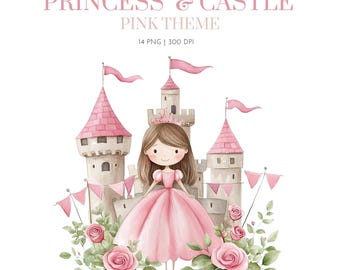 Kleine roze prinses en kasteel clipart, aquarel prinses clipart, roze prinsessen kasteel clipart prinses clipart, clipart voor kinderen png