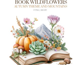 Watercolor Autumn book and mountain view Clipart, Fall theme clipart, Books, Bookworm Images, Autumn clipart, Pumpkin, Book lover, Autumn