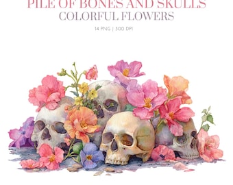 Floral Skull, Bones skull floral watercolor clipart, colorful flower clipart,Floral Skull Clipart, Gothic Clipart, Fantasy Clip,Floral Skull