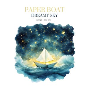 Watercolor Paper Boats, Dreamy paper Boats, Paper Boat clipart, paper boat origami, paper boat night Stars celestial, Paper boat design