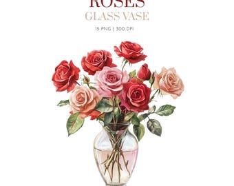 Roses in a Glass Vase Clipart, Red Rose Fairy tail Clipart, Watercolor Red Rose Clipart,Valentine Rose Clipart,Red Rose ,Watercolor Red Rose