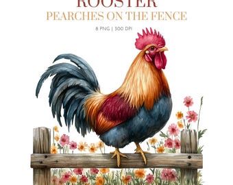 Rooster Pearches on the Fence Clipart, Rooster PNG bundle, Western Clipart, Farm Animal PNG, Floral Rooster Clipart, Vintage Rooster,Rooster