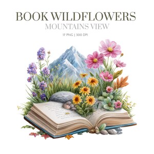 Aquarel lente boek en uitzicht op de bergen Clipart, lentethema clipart, boeken, boeken, boekenwurmafbeeldingen, lente clipart, pompoen, boekenliefhebber, lente