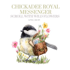 Messager mésange avec fleurs Clipart, PNGs mésanges, oiseau messager, oiseau floral, mésange avec fleurs et parchemin, messager mésange