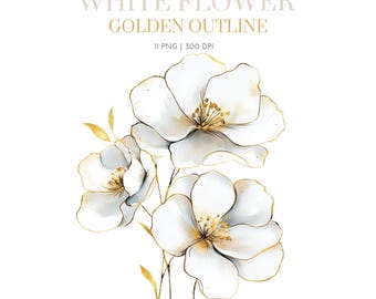 White and Gold Abstract Floral Watercolor Clipart, Whit floral clipart, Wedding Clipart Flowers, White flower clipart, White and gold flower