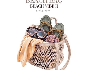 Summer Beach Bag Clipart, Holiday Bag Clipart, Beach Bag,Summer Graphics Beach bag Clipart, Watercolor beach bag,summer theme beach bag png