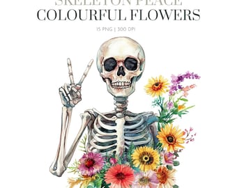 Skeleton Peace floral clipart, Floral Human Skeleton Clipart, Floral Skeleton, Skeleton flowers clipart, Skeleton peace Graphic Design png