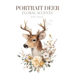 Deer Floral Accent Clipart, Watercolor Portrait Deer flower accent clipart, Deer flower PNG, Deer Florals clipart, Woodland Animal, Deer png